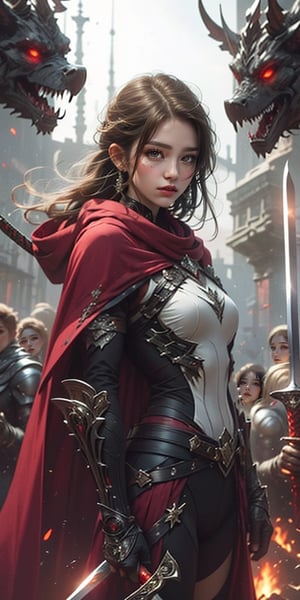 1girl, solo, long hair, looking at viewer, brown hair, holding, standing, weapon, sword, cape, holding weapon, armor, blood, holding sword, wind, gauntlets, smoke, breastplate, red cape