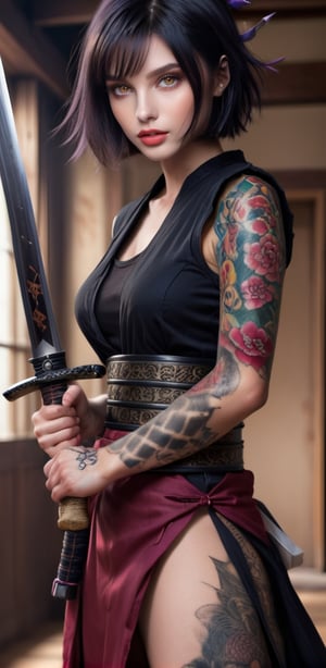1girl, solo, looking at viewer, short hair, black hair, brown eyes, weapon, japanese clothes, sword, lips, tattoo, holding sword, katana, realistic, arm tattoo