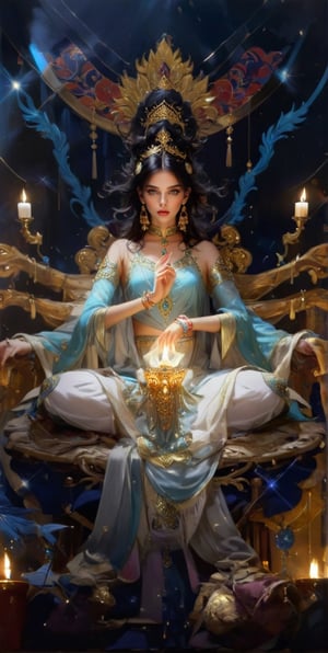 1girl, solo, looking at viewer, black hair, hair ornament, jewelry, sitting, full body, earrings, indoors, bracelet, sparkle, armlet, candle, indian style, throne,large-eyed ,glass