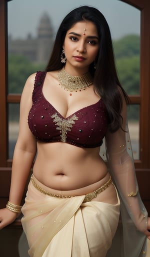 1 indian women 40years age look like chubby aunty [Mandy takhar,Nicoletta Kudryasheva : 0.5],[don't change face]portrait, high quality, highly detailed, detailed face, detailed,A sublime Indian maharani,curvy pose,Nakagusuku Castle, adorned in breathtaking gemstone jewelry,photorealistic:1.3, best quality, masterpiece(( Navel visible under transparent saree)),photorealistic,realistic,Masterpiece