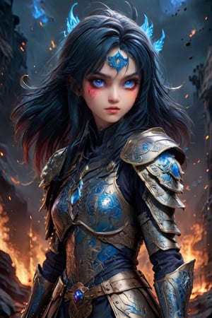  A glossy illustration of young female knight, loli style, gothic style,photorealistic, high fashion, high detailed, high light, golden shoulder armor, long ashen hair on fire, scarred face, bloody armor, full lips, large glowing blue eyes, metallic gothic makeup, hell,ULTIMATE LOGO MAKER [XL],<lora:659095807385103906:1.0>