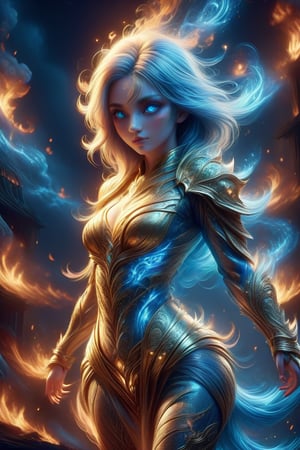 A glossy illustration of young female knight, loli style, gothic style,photorealistic, high fashion, high detailed, high light, golden shoulder armor, long ashen hair on fire, scarred face, bloody armor, full lips, large glowing blue eyes, metallic gothic makeup, hell,ULTIMATE LOGO MAKER [XL],DonM3l3m3nt4lXL,style,<lora:659095807385103906:1.0>
