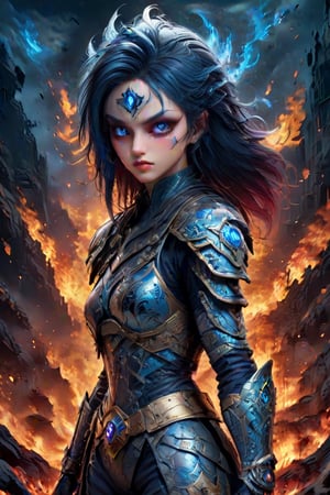  A glossy illustration of young female fighter, gothic style,photorealistic, high fashion, high detailed, high light, golden shoulder armor, long ashen hair on fire, scarred face, bloody armor, full lips, large glowing blue eyes, metallic gothic makeup, hell,real_booster,ULTIMATE LOGO MAKER [XL],more detail XL,<lora:659095807385103906:1.0>