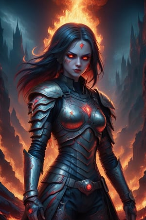  A glossy illustration of young female fighter, gothic style,photorealistic, high fashion, high detailed, high light, golden shoulder armor, long ashen hair on fire, scarred face, bloody armor, full lips, large glowing red eyes, metallic gothic makeup, hell,real_booster,ULTIMATE LOGO MAKER [XL],<lora:659095807385103906:1.0>