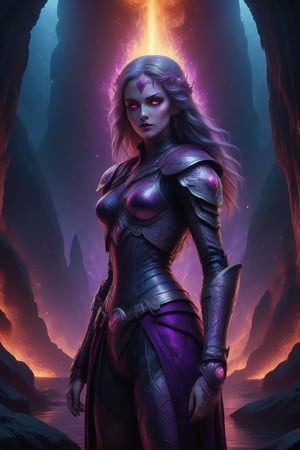 (Full body), A glossy illustration of young female knigt, gothic style,photorealistic, high fashion, high detailed, high light, wearing fish net, golden shoulder armor, long ashen hair on fire, full lips, glowing red eyes, metallic gothic makeup, full body,Amethyst ,cave,crystal ,style,real_booster,ULTIMATE LOGO MAKER [XL],<lora:659095807385103906:1.0>