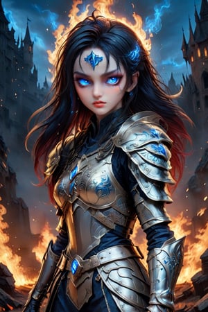  A glossy illustration of young female knight, loli style, gothic style,photorealistic, high fashion, high detailed, high light, golden shoulder armor, long ashen hair on fire, scarred face, bloody armor, full lips, large glowing blue eyes, metallic gothic makeup, hell,ULTIMATE LOGO MAKER [XL],