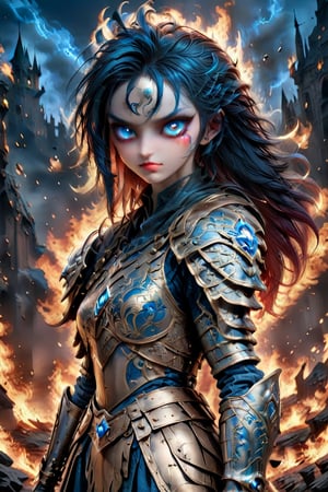  A glossy illustration of young female knight, loli style, gothic style,photorealistic, high fashion, high detailed, high light, golden shoulder armor, long ashen hair on fire, scarred face, bloody armor, full lips, large glowing blue eyes, metallic gothic makeup, hell,ULTIMATE LOGO MAKER [XL],NIJI STYLE