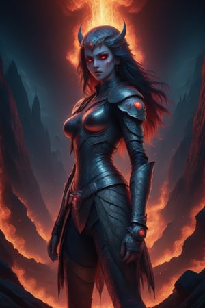 (Full body), A glossy illustration of young female, demon, gothic style,photorealistic, high fashion, high detailed, high light, wearing fish net, golden shoulder armor, long ashen hair on fire, full lips, large glowing red eyes, metallic gothic makeup, hell,real_booster,ULTIMATE LOGO MAKER [XL],<lora:659095807385103906:1.0>