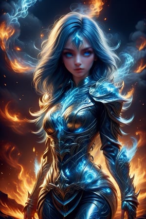  A glossy illustration of young female knight, loli style, gothic style,photorealistic, high fashion, high detailed, high light, golden shoulder armor, long ashen hair on fire, scarred face, bloody armor, full lips, large glowing blue eyes, metallic gothic makeup, hell,ULTIMATE LOGO MAKER [XL],DonM3l3m3nt4lXL,<lora:659095807385103906:1.0>
