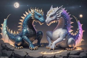(masterpiece), science fiction, a yin yang formed by 2 dragons, the first dragon is colorful and made of crystals, the second dragon is white and has ivory scales,dragon, space and stars in background with a black hole in distance
