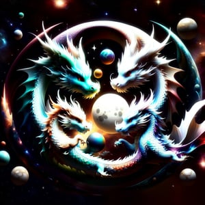  two dragons circling each other in a circular shape, space and planets in the background, yin yang, photorealistic, pixar 3d render look,Disney pixar style