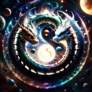  two dragons circling each other in a circular shape, space and planets in the background, yin yang, photorealistic, pixar 3d render look,Disney pixar style, a magical portal in the center of the picture appears from the magic of the dragons flying around it,dragon