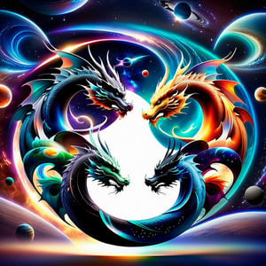  two dragons circling each other in a circular shape, space and planets in the background, yin yang, photorealistic, pixar 3d render look,