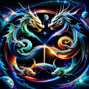  two dragons circling each other in a circular shape, space and planets in the background, yin yang, 