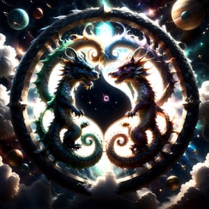  two dragons circling each other in a circular shape, space and planets in the background, yin yang, photorealistic, pixar 3d render look,Disney pixar style, a magical portal in the center of the picture appears from the magic of the dragons flying around it, dragons entertwined in a celtic knot pattern