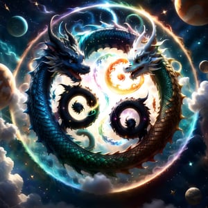  two dragons circling each other in a circular shape, space and planets in the background, yin yang, photorealistic, pixar 3d render look,Disney pixar style, a magical portal in the center of the picture appears from the magic of the dragons flying around it, dragons entertwined in a celtic knot 