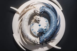 (masterpiece), science fiction, a yin yang formed by 2 dragons, the first dragon is colorful and made of crystals, the second dragon is white and has ivory scales