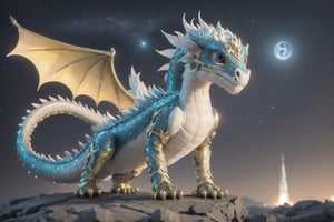 (masterpiece), science fiction, a yin yang formed by 2 dragons, the first dragon is colorful and made of crystals, the second dragon is white and has ivory scales,dragon, space and stars in background with a black hole in distance
