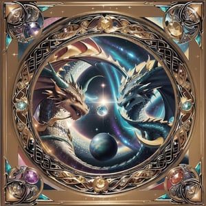 (masterpiece), copy exactly, Add gemstones set in the corners, add a round sparkling diamond crystal set in middle of image, Book cover, style, 2 dragons should be obviously apparent, cosmic background with intracate galaxies and swirrles of stars and black holes
