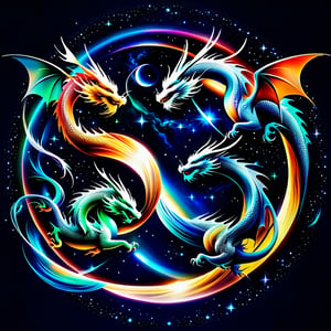  two dragons circling each other in a circular shape, space and planets in the background, 