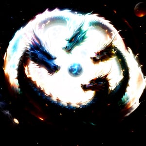  two dragons circling each other in a circular shape, space and planets in the background, yin yang, photorealistic, pixar 3d render look,Disney pixar style, a magical portal in the center of the picture appears from the magic of the dragons flying around it,dragon