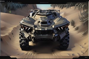 future looking racing vehicle, driving in desert, with bracket instead of handlebar, the vehicle has no cockpit, blessedtech,pdrally,CURIOSITY,mxsuv, Armored vehicle off-road Dakar,cyber,Science fiction,Mecha,Futuristic room