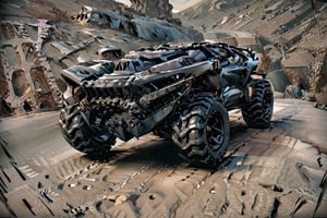 mad max style lunar rock color All-terrain vehicle with colored tire lettering parked on the side of a road next to a tree, nostalgic 8k, restomod, ultra - realistic, ultra-realistic,Realism,Epicrealism,mxsuv,Head direction,Head direction,The war damaged the paint