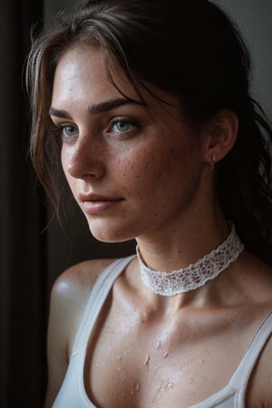 photo, rule of thirds, dramatic lighting, medium hair, detailed face, detailed nose, woman wearing wet white see through tank top, freckles, collar or choker, smirk, tattoo, intricate background
,realism,realistic,raw,analog,woman,sitting on a bed,photorealistic,analog,realism window lighting sunset 