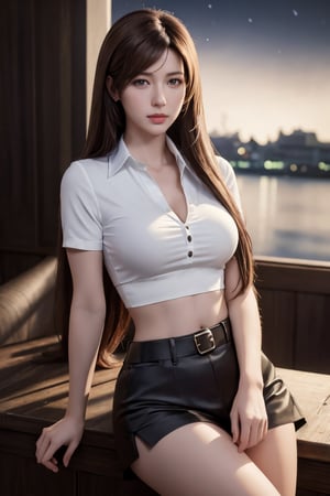 photorealistic, masterpiece, best quality, raw photo, 1girl, medium breasts, long hair, brown hair, collared shirt, looking at viewer, stiiting with cross legs, dynamic lighting, in the night river view, deep shadow, low key, intricate detail, detailed skin, pore, highres, hdr,defTifa, white crop top,milf