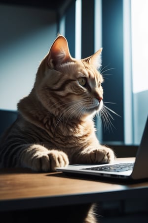 8k,RAW photo,best quality,ultrarealistic,ultra-detailed,vignette,highly detailed,high budget,moody,epic,gorgeous,film grain,
a Cat using a laptop in office,more detail XL