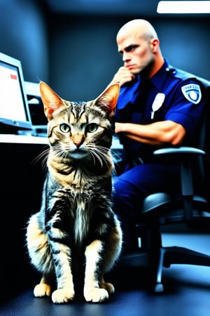 8k,RAW photo,best quality,ultrarealistic,ultra-detailed,vignette,highly detailed,high budget,moody,epic,gorgeous,film grain,
two security guard is dragging away a ridiculously cat who is working overtime in front of the computer,more detail XL