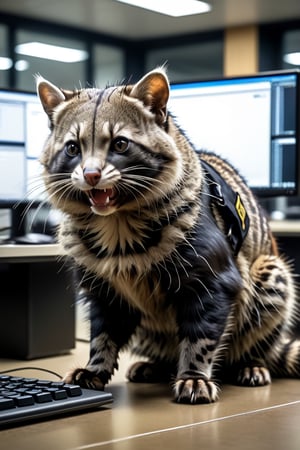 two security guard is dragging away a ridiculously huge,fat civet cat who is working overtime in front of the computer.,8k,RAW photo,best quality,ultrarealistic,ultra-detailed,vignette,highly detailed,high budget,moody,epic,gorgeous,film grain,realistic,more detail XL,Xxmix_Catecat