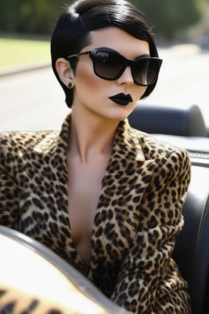 leopard skin High heels short black hair. Black sunglasses. 
