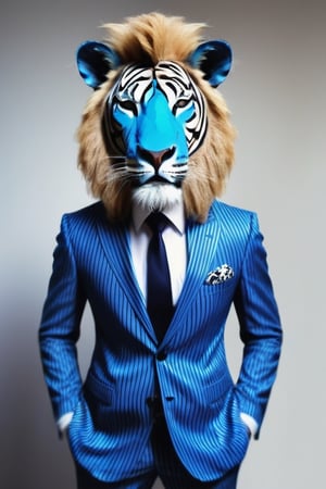 srong man wearing lion head.
Suit with zebra stripes.
Tie blue