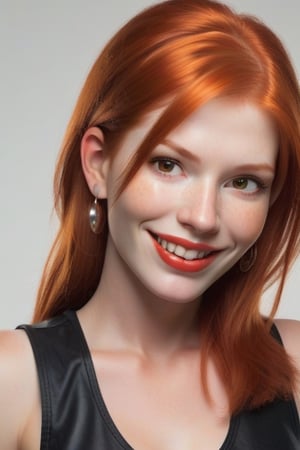 
Realistic Woman with ginger red hair with black vest. brown and orange eyes light orange red lips. 6 earnings studs in ear.
hand lightly brushing though her hair.
looking over her shoulder.
smiling with a light glistening over her face.

nails on hand fingers long and nails front tip white. 
