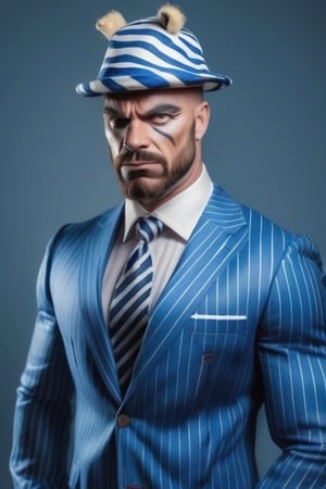strong man wearing lion head cap
Suit with zebra stripes.
Tie blue.
muscular figure.
cigarette in hand 