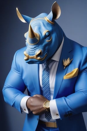 Strong man with Rhino 🦏 head wearing a blue suit with a white formal shirta and blue tie.
with a big golden ring on his right hand. 
 
