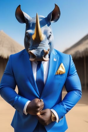Strong man with Rhino 🦏 head wearing a blue suit with a white formal shirta and blue tie.
with a big golden ring on his right hand. 
 
