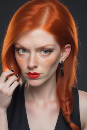 
Realistic Woman with ginger red hair with black vest. light orange red lips. 6 ear studs in ear.
hand lightly brushing though her hair.
nails on hand fingers long and nails front tip white. 
