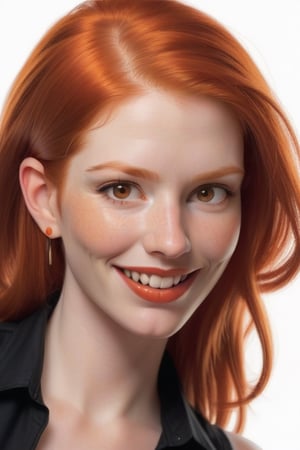 
Realistic Woman with ginger red hair with black vest. brown and orange eyes light orange red lips. 6 earnings studs in ear.
hand lightly brushing though her hair.
looking over her shoulder.
smiling with a light glistening over her face.

nails on hand fingers long and nails front tip white. 
