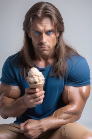 male brown long hair.
blue eyes.
muscular.
wearing a torn t shirt.
kneeling with an ice cream in his hand.
looking into the camera