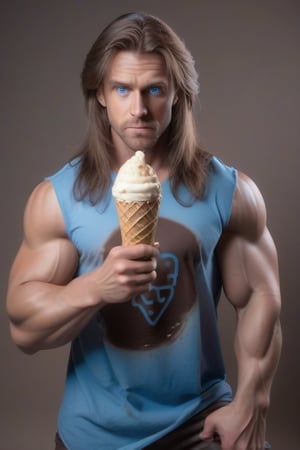 male brown long hair.
blue eyes.
muscular.
wearing a torn t shirt.
kneeling with an ice cream in his hand.
looking into the camera