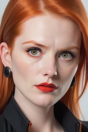 
Realistic Woman with ginger red hair with black vest. brown and orange eyes light orange red lips. 6 ear studs in ear.
hand lightly brushing though her hair.
looking over her shoulder.

nails on hand fingers long and nails front tip white. 
