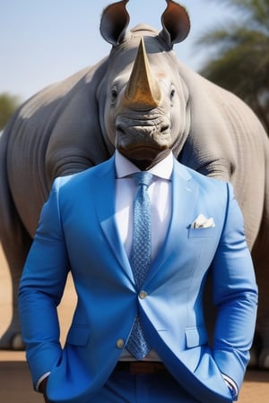 Strong white man with Rhino 🦏 head wearing a blue suit with a white formal shirta and blue tie.
with a big golden ring on his right hand. 
 
