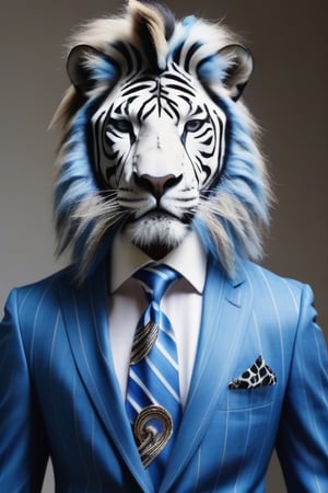 srong man wearing lion head.
Suit with zebra stripes.
Tie blue
