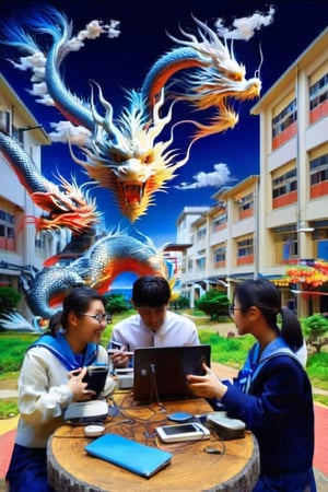 best quality, ultra-detailed, illustration, glasses, an energetic dragon surrounding the sky, a campus college, blue sky, a couples of students, cahtting happily, holding electronic devices, playing computer games, lunar new year