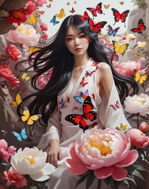 1Girl, black hair, long hair, colorful butterflies, peonies, large and full flowers, rich colors (such as red, pink, white, yellow), layering of petals, Asian girl