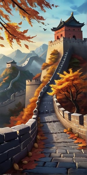 On the Great Wall in autumn, the traces of time and the charm of nature interweave into a beautiful picture. Golden fallen leaves are dotted on the bluestone city wall, which seems to be nature's gentle embrace of the ancient building. The gentle breeze brings refreshing autumn mood, but also makes the scenery on the Great Wall more charming. The mountains in the distance are rendered in autumn colors, and the forests are dyed with colorful colors. They blend with the Great Wall to form a magnificent background. When the sun sets, the afterglow shines on the Great Wall, reflecting a golden glow, making people feel like they are in a dreamlike wonderland. In this autumn, the Great Wall is not only a witness to history, but also a beautiful gift given to us by nature. It makes people feel respectful and sigh at the long history and the magnificence of life.,halloween
