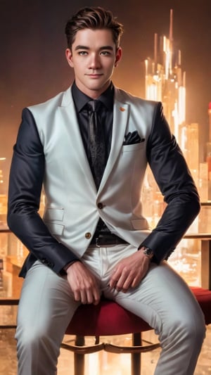 Imagine the following scene:

Realistic photo of a handsome man sitting in an executive chair in a very dark room. He is sitting facing the camera, with his legs open.

The man was wearing a white suit.

The man is from asia, masculine. 25 years old, very light blue eyes, bright and big eyes, full and red lips, blushing, muscular. short and very straight hair, hair falls on both sides with a central line. 

The pose is sensual, sitting, the man is a professional model, he sees the camera sensuously. Full body shot. The shot is wide to capture the details of the scene.

high realism aesthetic photo, RAW photo, 16K, real photo, best quality, high resolution, masterpiece, HD, perfect proportions, perfect hands,allblacksuit