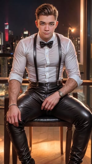 Imagine the following scene:

Realistic photo of a handsome man sitting in an executive chair in a very dark room. He is sitting facing the camera, with his legs open.

The man wears black latex pants, latex boots.(((he wears leather suspenders over his chest))). 

The man is from asia, masculine. 25 years old, very light blue eyes, bright and big eyes, full and red lips, blushing, muscular. short and very straight hair, hair falls on both sides with a central line. 

The pose is sensual, sitting, the man is a professional model, he sees the camera sensuously. Full body shot. The shot is wide to capture the details of the scene.

high realism aesthetic photo, RAW photo, 16K, real photo, best quality, high resolution, masterpiece, HD, perfect proportions, perfect hands